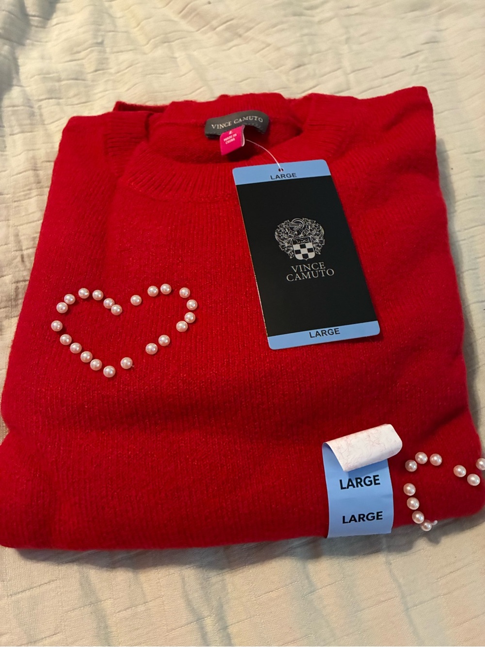 Vince Camuto Red Crewneck Sweater with Pearl Heart Accent Size Large